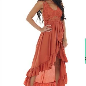 Limelush terracotta sleeveless ruffled wrap maxi dress